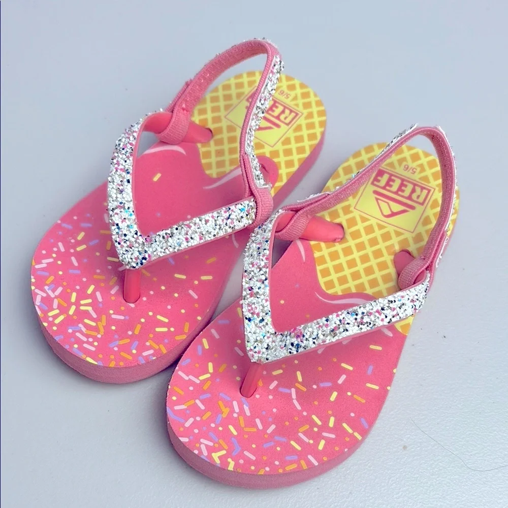 Reef Kids Sandals Flip Flops Pink Glitter Sprinkle Ice Cream Cones Thong Style